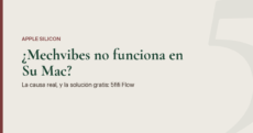 Imagen destacada con fondo color piedra suave y una barra burdeos a la izquierda: el texto dice "¿Mechvibes no funciona en Su Mac?", con el subtítulo "La causa real, y la solución gratis: 5fifi Flow".